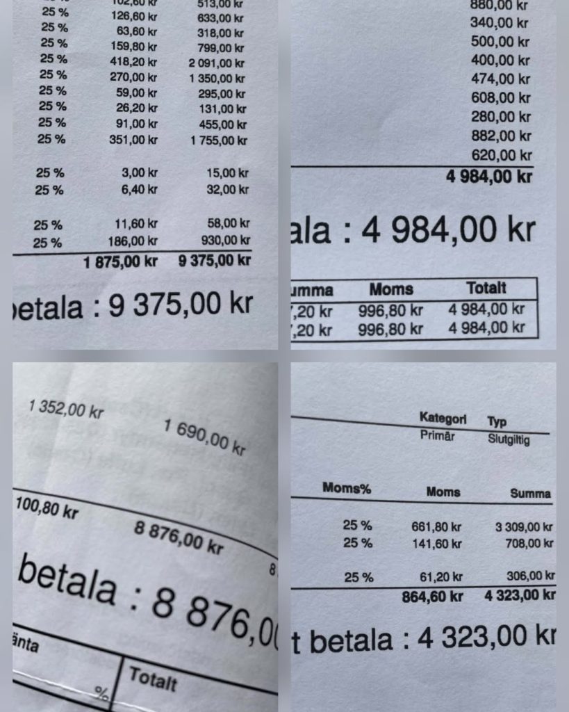 Kan vara en bild av text där det står ”126,60k 513,00 633,00 318,00 799,00 091,00kr 350,00kr 295,00kr 131,00kr 455,00kr 1755,00 26,20 91,00k kr 351,00kr kr 880,00 kr 340,00 500,00 400,00k kr 474,00 kr 608,00 280,00 kr 882,00 kr 620,00 kr 4984,00kr 3,00 kr 6,40 15,00 kr 32,00kr 25% 25% 186,00 875,00 kr kr 930,00 375,00 kr 984,00 kr etala :9375,00 kr Jmma ,20 ,20 Moms 996,80kr 996,80k Totalt 984,00 kr 984,00 352,00 kr 1690,00k 690,00 Kategorl Primar 100,80 kr Typ Slutgiltig Moms% Moms Summa 661,80k kr 141,60kr kr 708,00k 25% 8876,00kr 876,00 betala änta 876,00 t betala o Totalt 61,20k 864,60 kr 306,00 323,00 kr 4 323,00 kr”