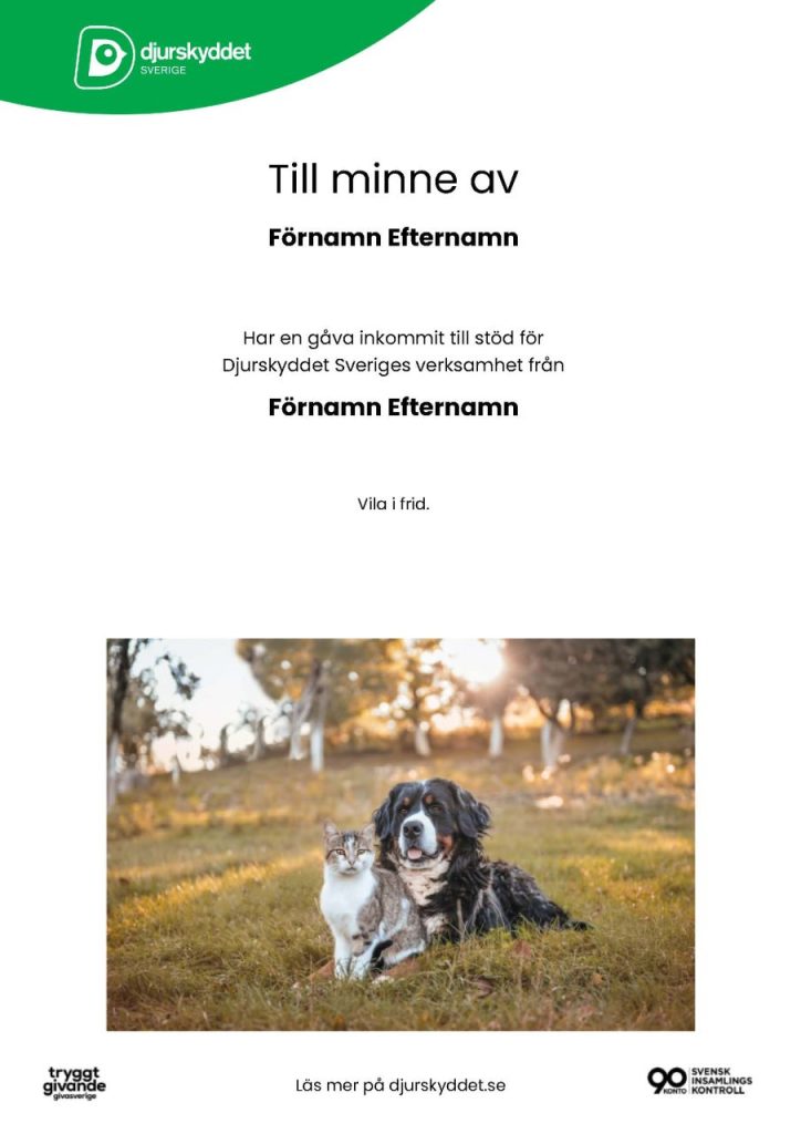 Exempel på hur minnesbladet ser ut när det är ifyllt. Minnesbladet innehåller en bild på en hund och katt tillsammans.