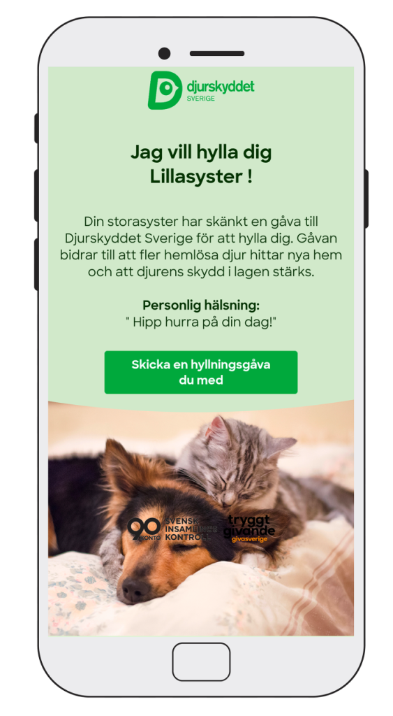 Motiltelefon som visar hur gåvokortet ser ut. Innehåller en bild på en katt och hund som myser tillsammans.